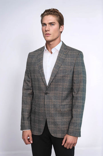 Checked Slim-Fit Dark Grey Men Blazer - Wessi
