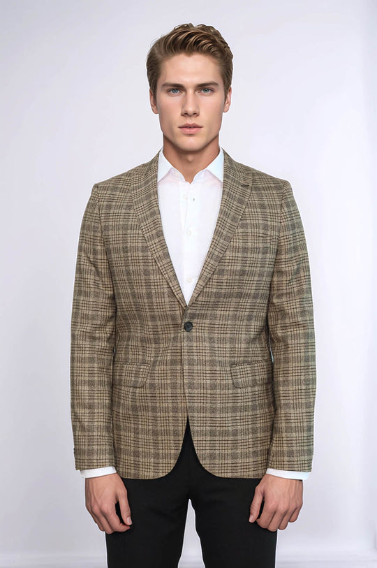 Checked Slim-Fit Light Brown Men Blazer - Wessi