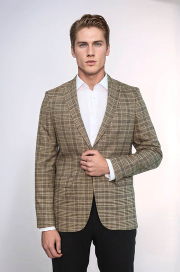 Checked Slim-Fit Light Brown Men Blazer - Wessi
