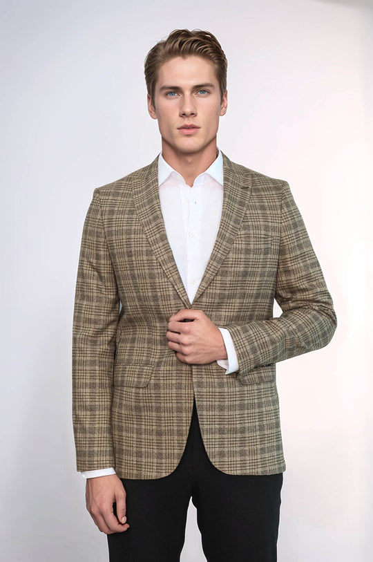 Checked Slim-Fit Light Brown Men Blazer - Wessi