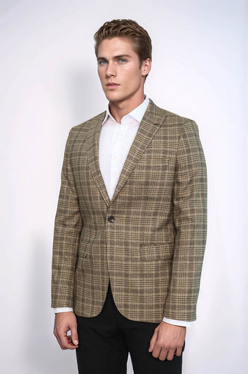 Checked Slim-Fit Light Brown Men Blazer - Wessi