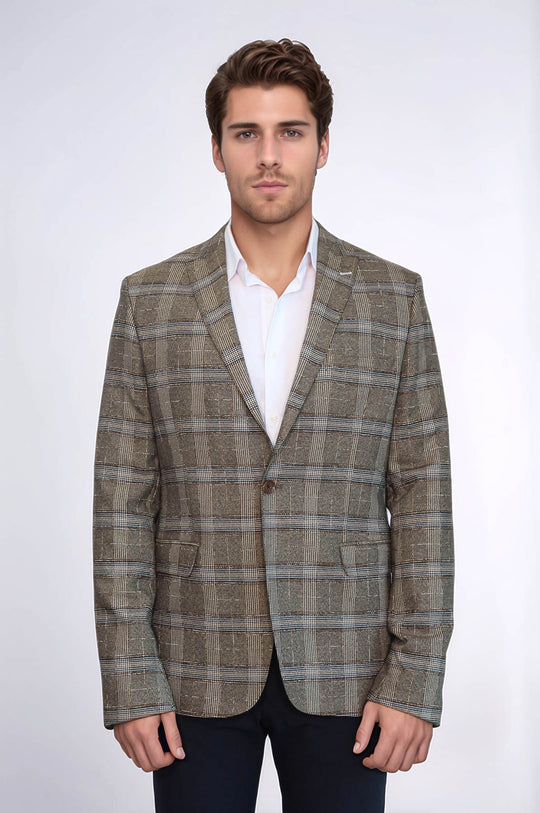 Checked Slim-Fit Beige Men Blazer - Wessi