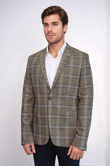 Checked Slim-Fit Beige Men Blazer - Wessi