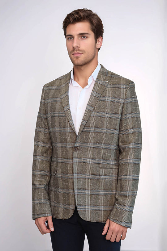 Checked Slim-Fit Beige Men Blazer - Wessi