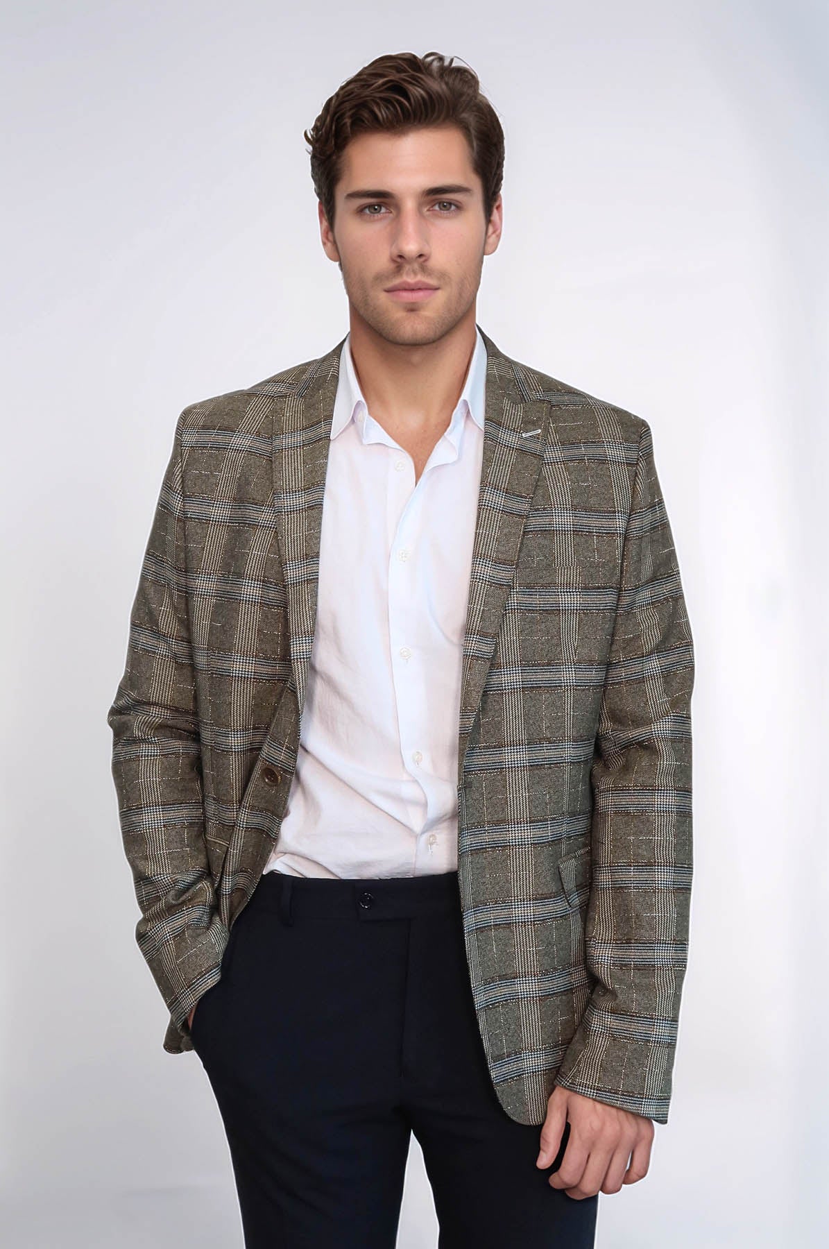 【YOUHEE】YOUHEE SLIM FIT BLAZER Checked Slim-Fit Beige Men Blazer - Wessi