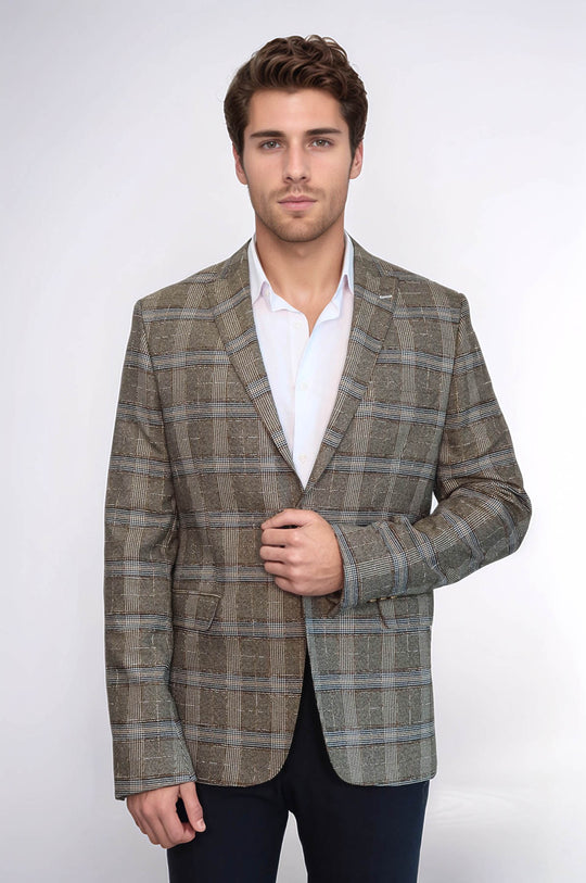 Checked Slim-Fit Beige Men Blazer - Wessi