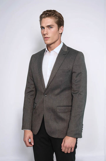 Patterned Slim-Fit Brown Men Blazer - Wessi