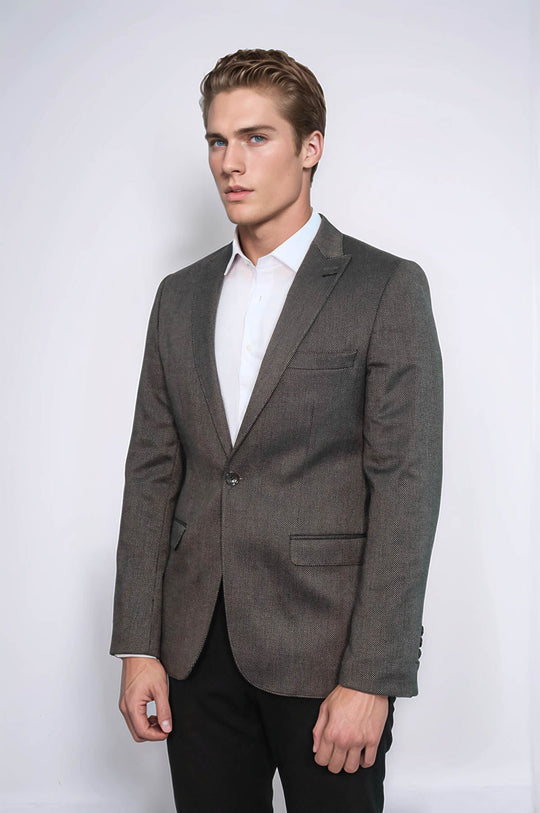 Patterned Slim-Fit Brown Men Blazer - Wessi