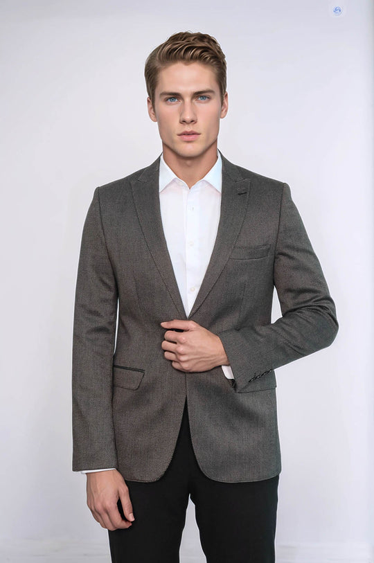 Patterned Slim-Fit Brown Men Blazer - Wessi