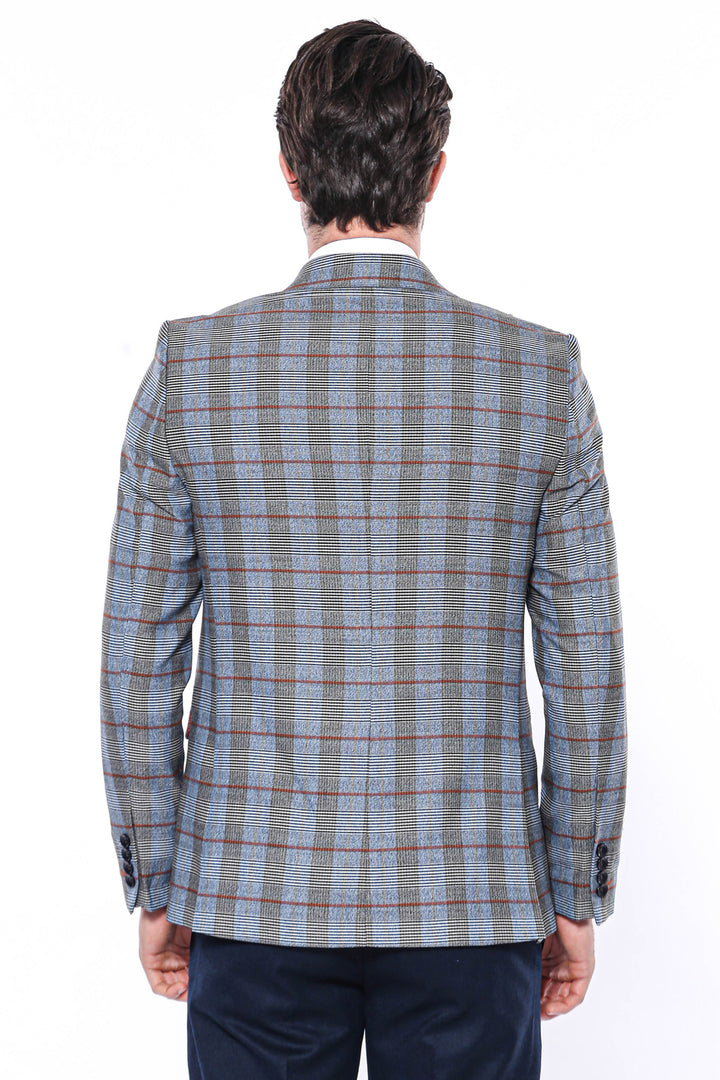 Checked Single Button Navy Blue Men Blazer - Wessi