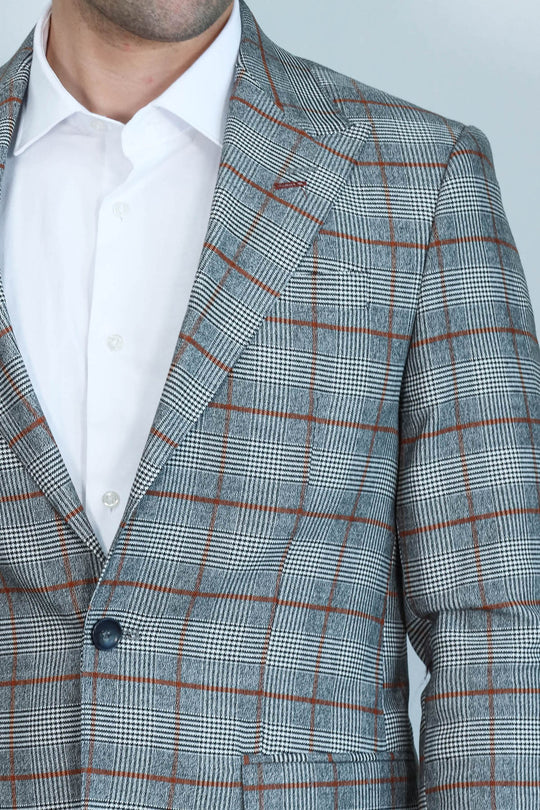 Checked Single Button Slim Fit Grey Men Blazer - Wessi