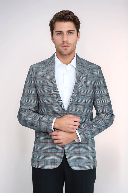 Checked Single Button Slim Fit Grey Men Blazer - Wessi