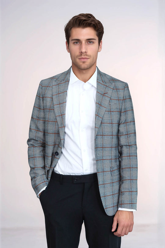 Checked Single Button Slim Fit Grey Men Blazer - Wessi