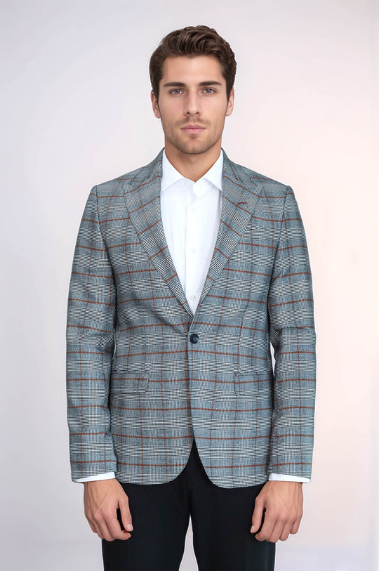 Checked Single Button Slim Fit Grey Men Blazer - Wessi