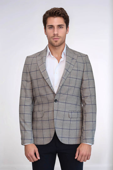 Slim-Fit Checked Beige Men Blazer - Wessi
