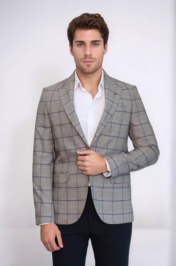 Slim-Fit Checked Beige Men Blazer - Wessi