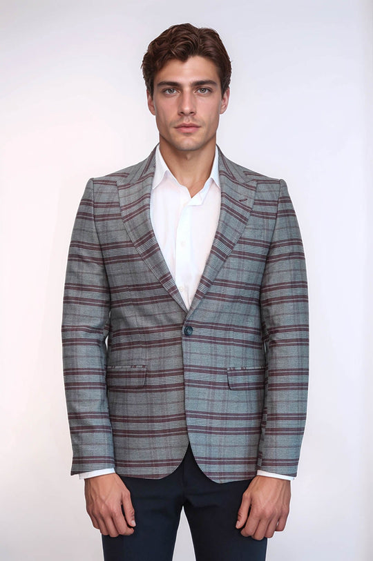 Slim-Fit Checked Burgundy Men Blazer - Wessi