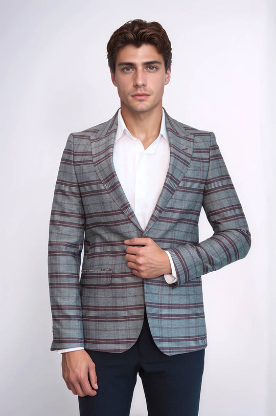 Slim-Fit Checked Burgundy Men Blazer - Wessi