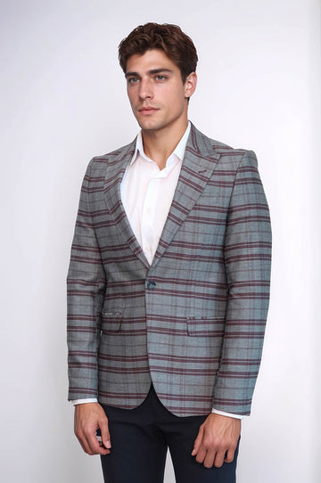 Slim-Fit Checked Burgundy Men Blazer - Wessi