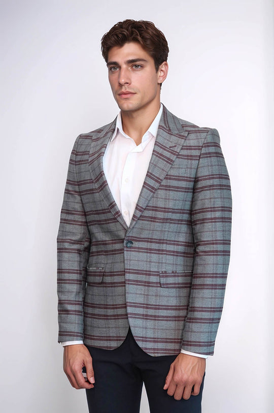 Slim-Fit Checked Burgundy Men Blazer - Wessi