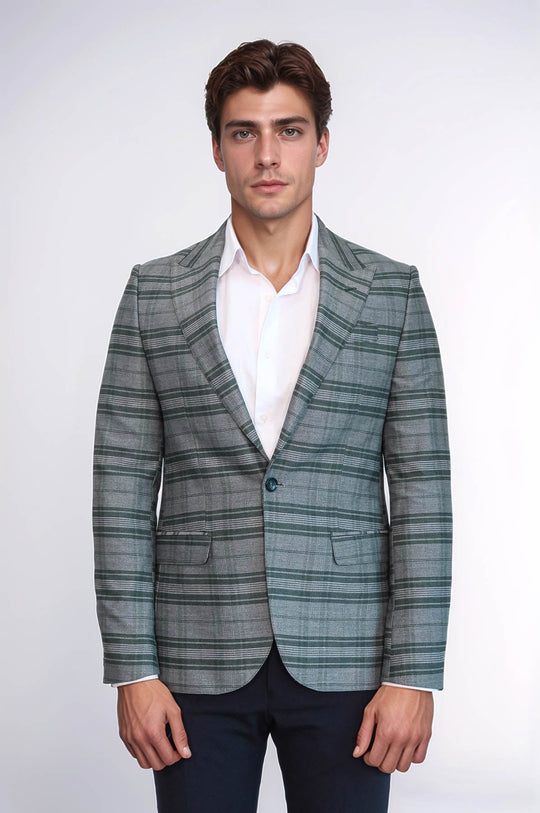 Checked Slim Fit Single Button Green Men Blazer - Wessi