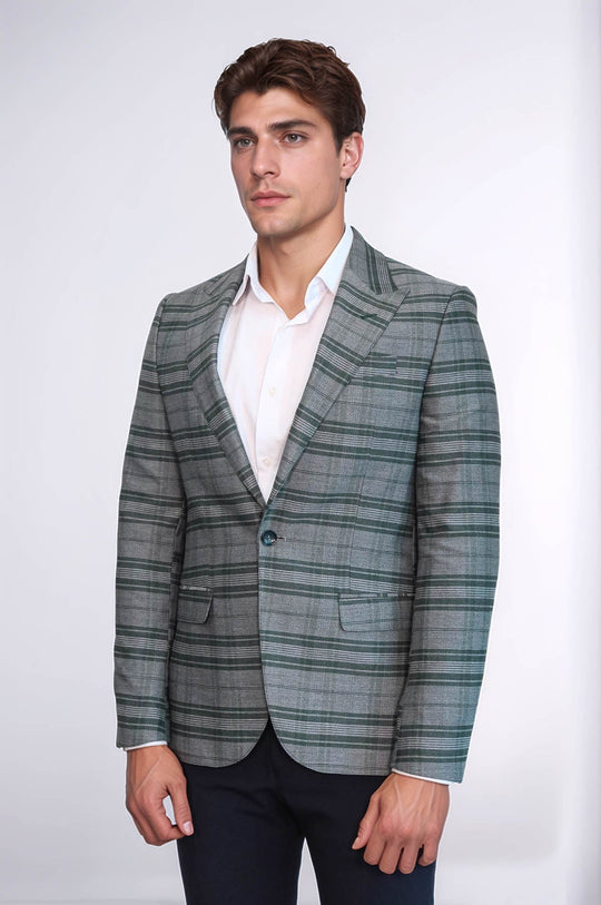 Checked Slim Fit Single Button Green Men Blazer - Wessi