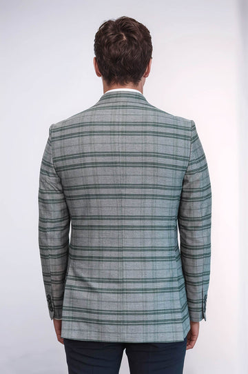 Checked Slim Fit Single Button Green Men Blazer - Wessi