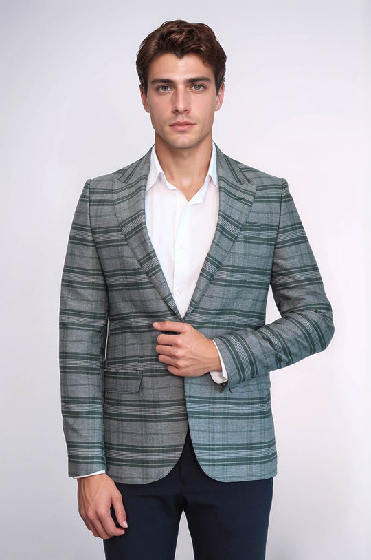 Checked Slim Fit Single Button Green Men Blazer - Wessi