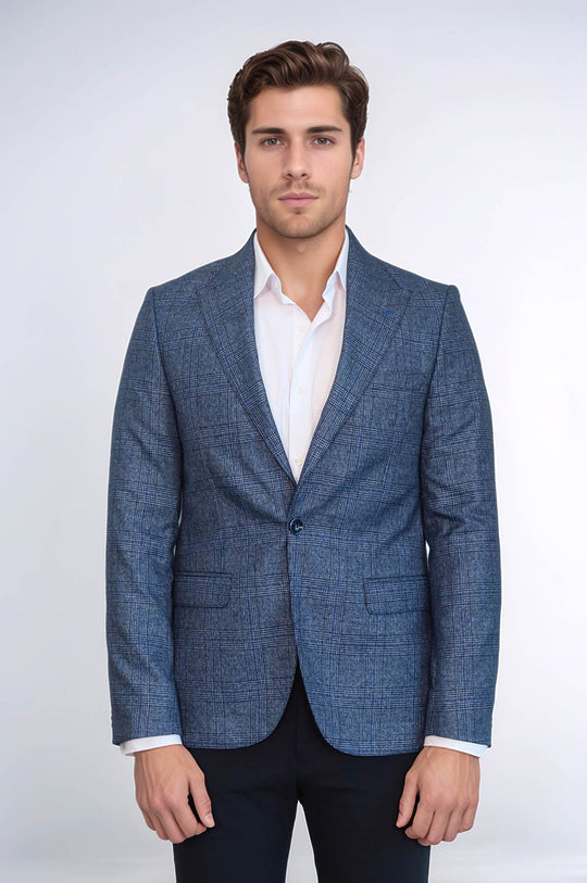 Checked Slim-Fit Single Button Navy Blue Men Blazer - Wessi