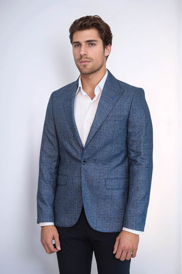Checked Slim-Fit Single Button Navy Blue Men Blazer - Wessi