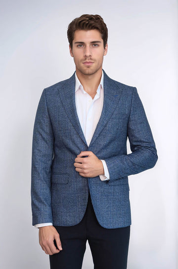 Checked Slim-Fit Single Button Navy Blue Men Blazer - Wessi