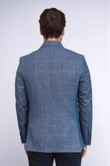 Checked Slim-Fit Single Button Navy Blue Men Blazer - Wessi