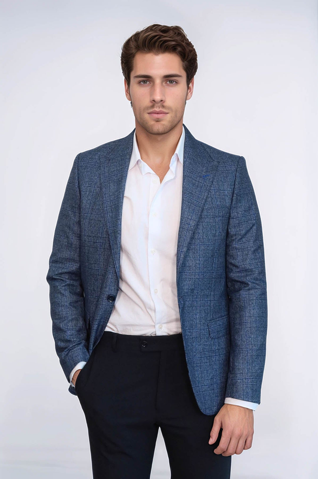 Checked Slim-Fit Single Button Navy Blue Men Blazer- Wessi