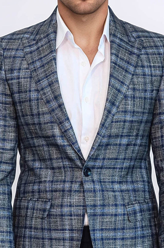 Checked Slim-Fit Single Button Navy Blue Men Blazer - Wessi