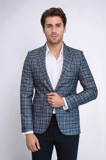 Checked Slim-Fit Single Button Navy Blue Men Blazer - Wessi