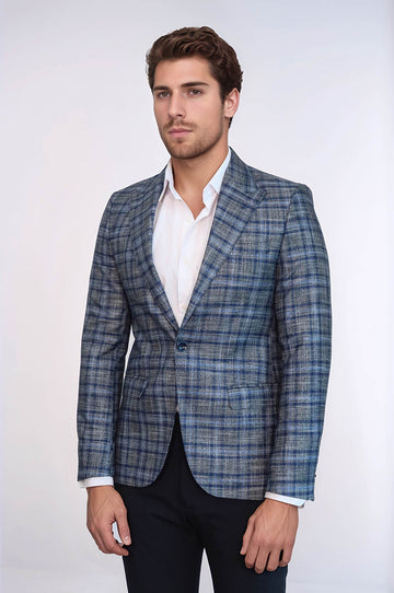 Checked Slim-Fit Single Button Navy Blue Men Blazer - Wessi