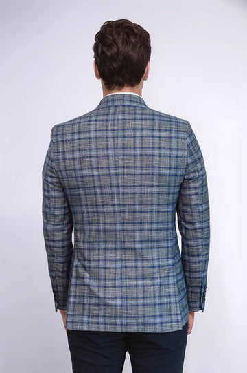Checked Slim-Fit Single Button Navy Blue Men Blazer - Wessi
