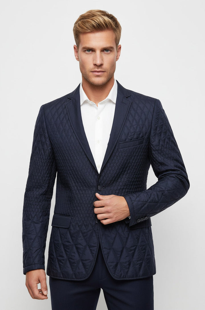 Slim Fit Navy Blue Quilted Blazer - Wessi