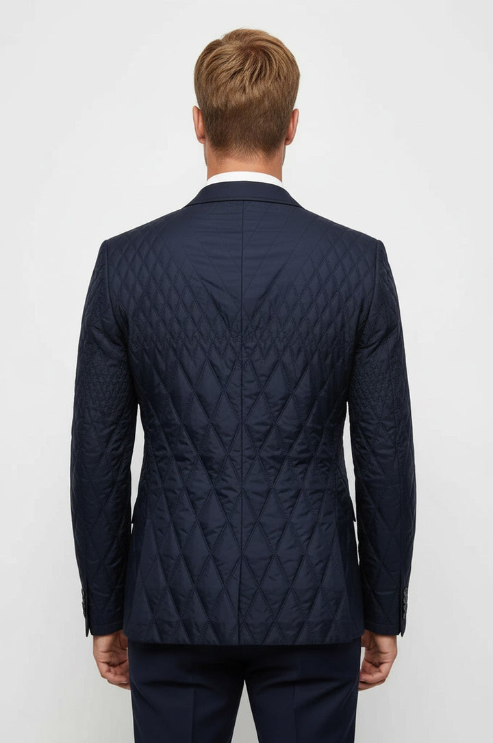Slim Fit Navy Blue Quilted Blazer - Wessi