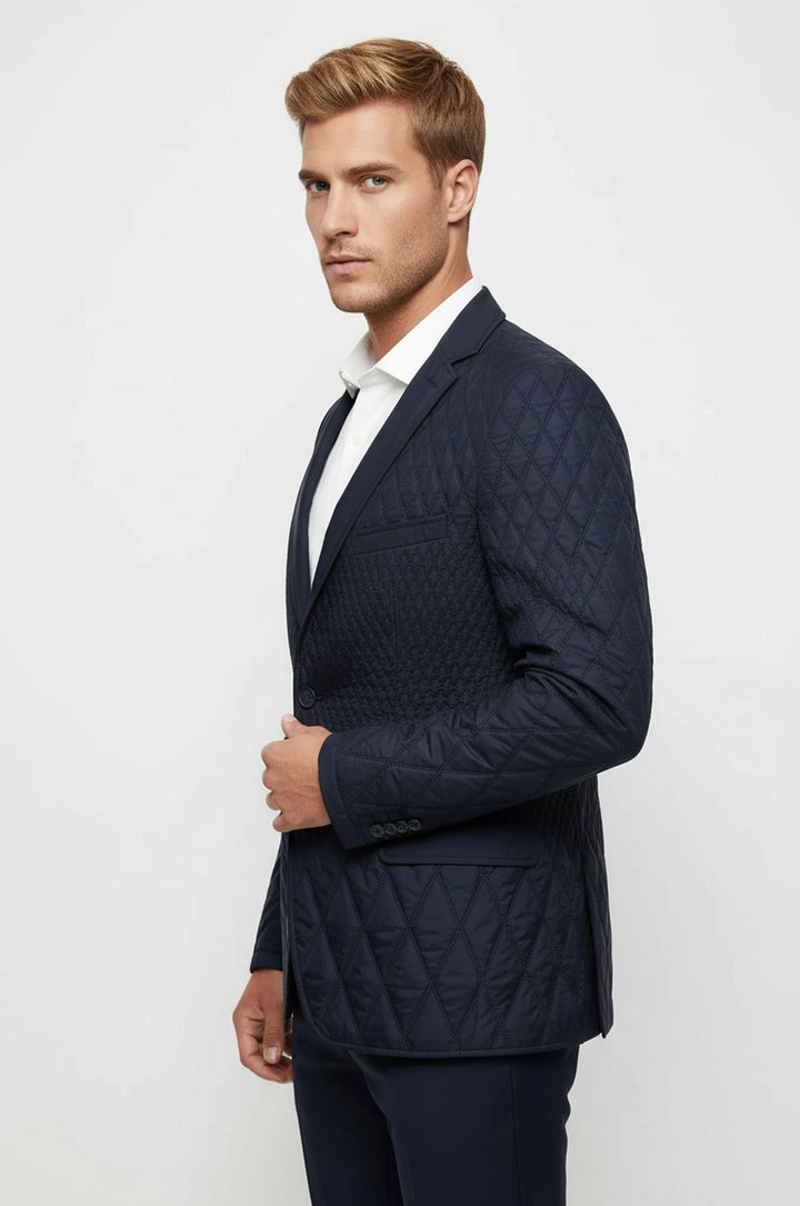 Slim Fit Navy Blue Quilted Blazer - Wessi