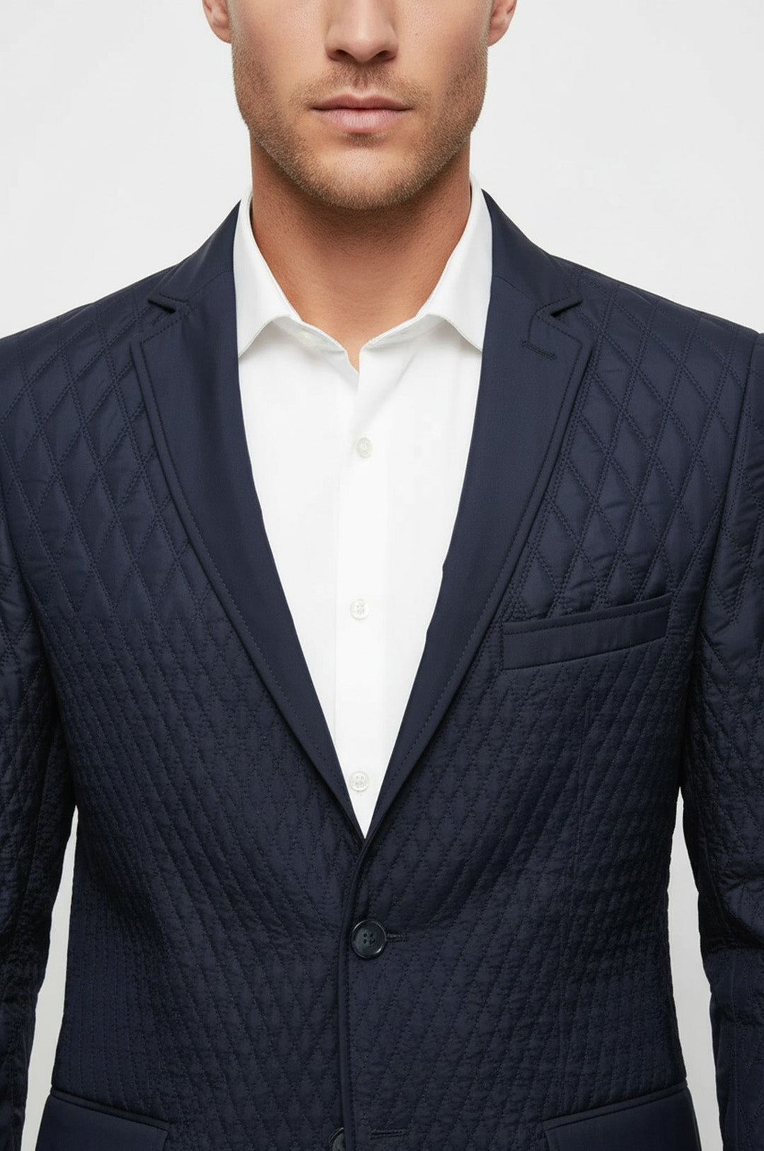Slim Fit Navy Blue Quilted Blazer - Wessi