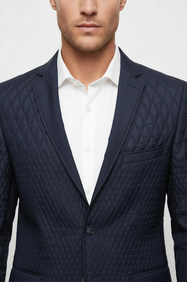 Slim Fit Navy Blue Quilted Blazer - Wessi