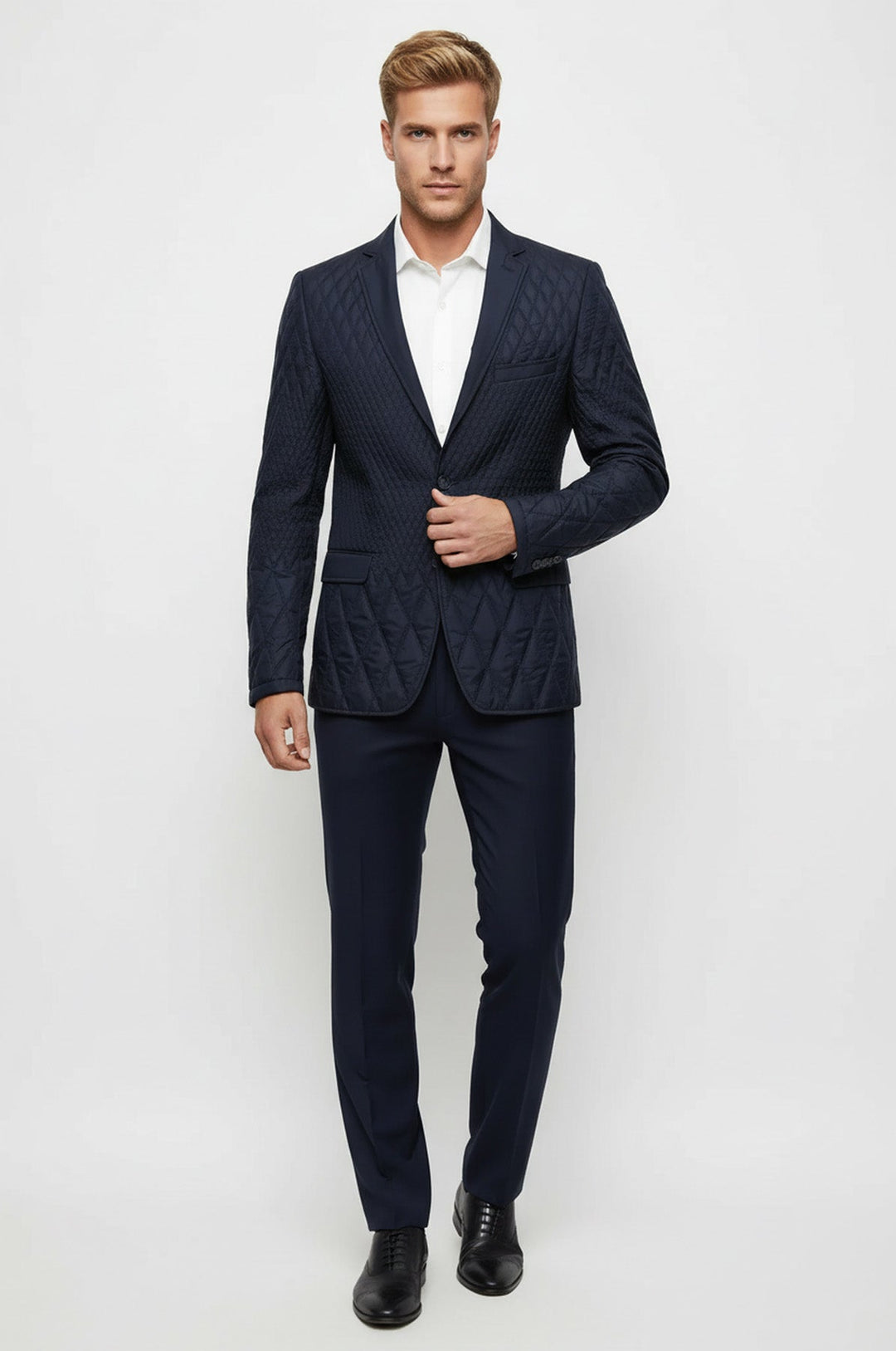 Slim Fit Navy Blue Quilted Blazer - Wessi