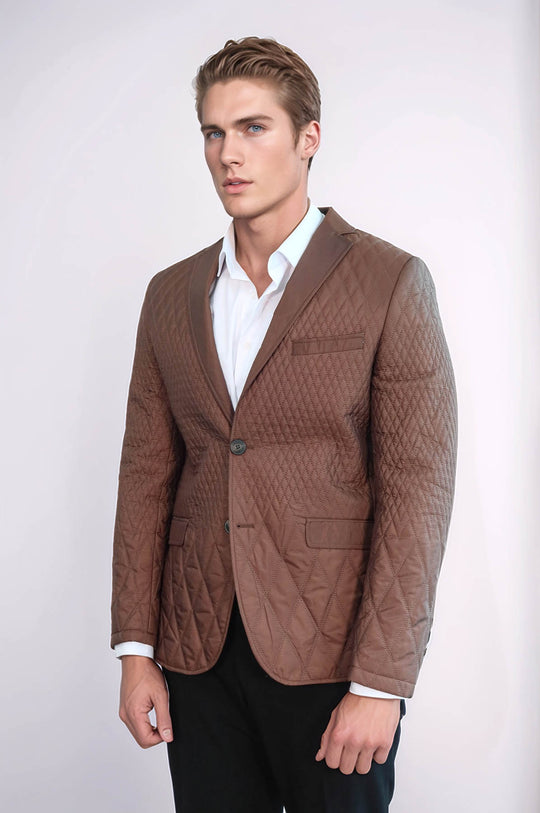 3 Pockets 2 Button Quilted Coat Jacket Tan Short Coat-Wessi