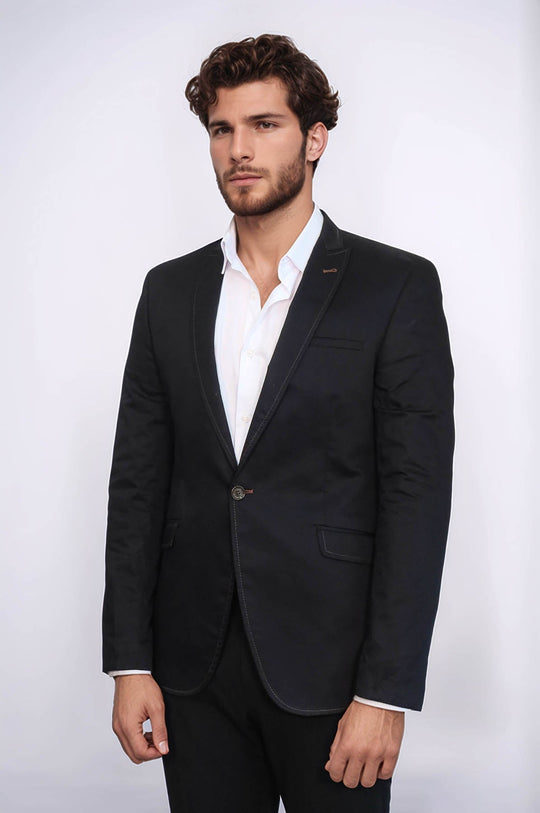 Chaqueta negra con solapa monoalgodón de un solo botón-Wessi