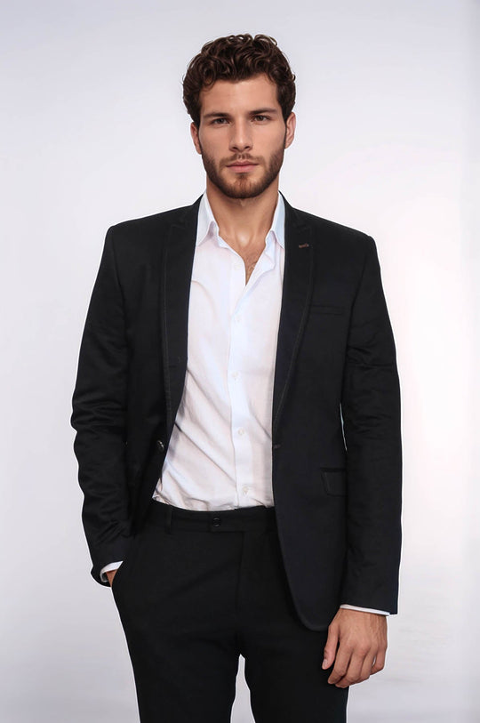 Chaqueta negra con solapa monoalgodón de un solo botón-Wessi
