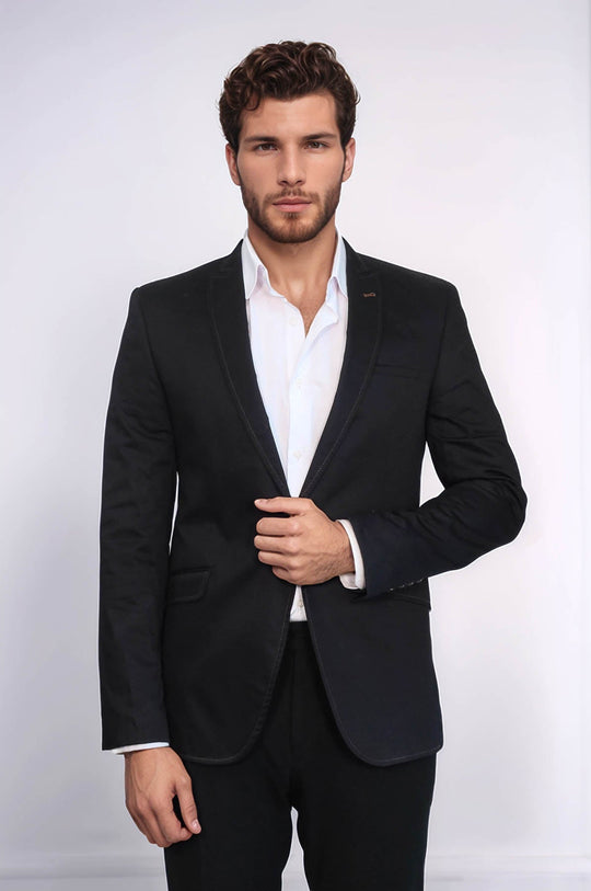 Chaqueta negra con solapa monoalgodón de un solo botón-Wessi