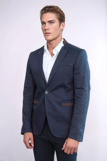 Blazer da uomo blu navy con colletto in piedi a bottone singolo - Wessi