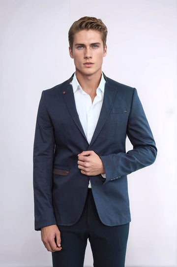 Blazer da uomo blu navy con colletto in piedi a bottone singolo - Wessi