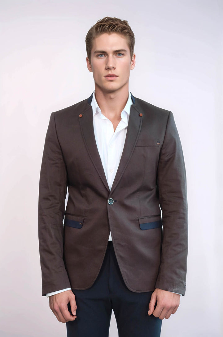 Blazer De Hombre Marrón Con Un Solo Botón Y Cuello Alzado - Wessi